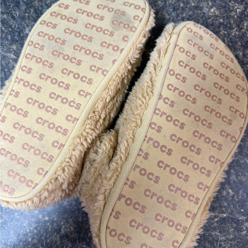 CROCS Women's Plush Fuzzy Slip-On Slippers in Beige - Picture 3 of 5